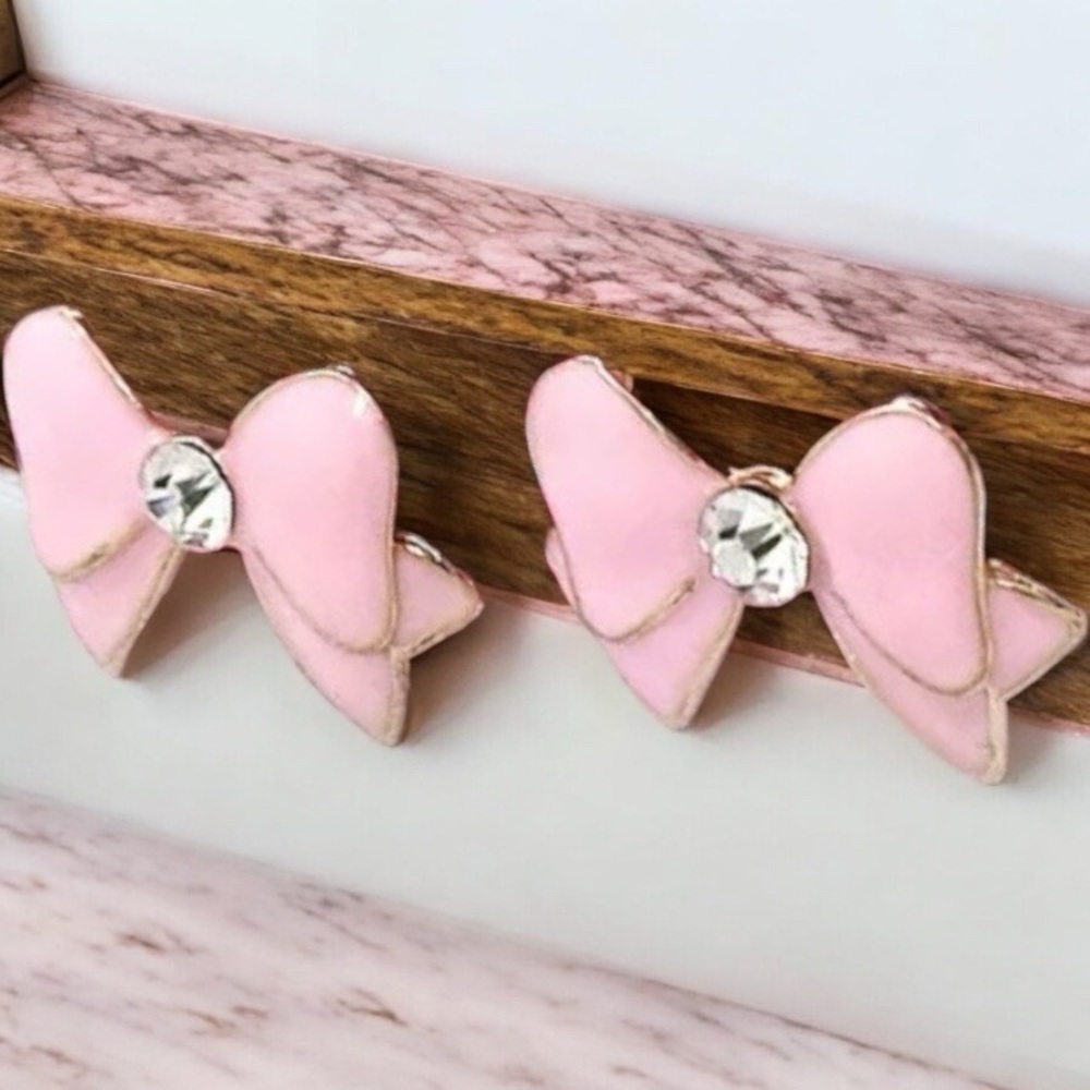 Pink Bow Crystal, Enamel, & Silver Stud Earrings - Picture 5 of 5